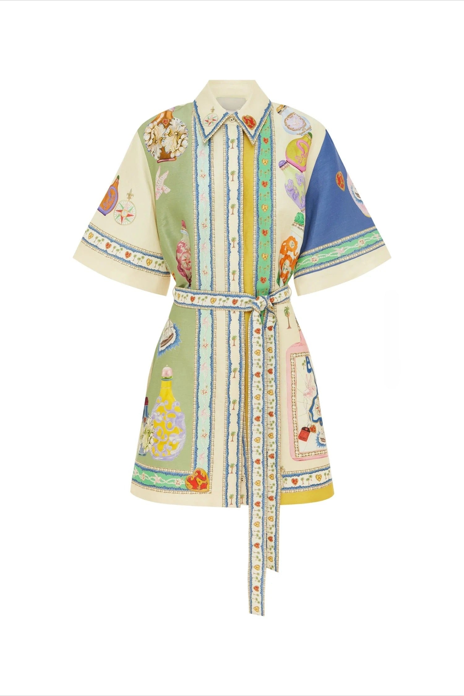 Deva – Minikleid aus Leinenmischung mit einzigartigem Druck und Glockenärmeln, Gürtel und Tasche