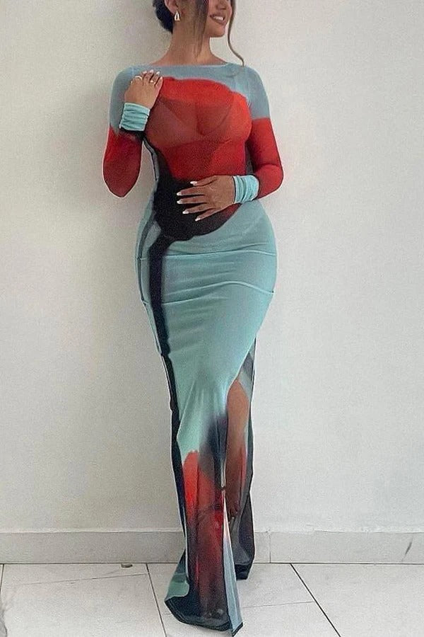 Mesh-Maxikleid mit Blumendruck, Rundhalsausschnitt, langen Ärmeln und Stretch