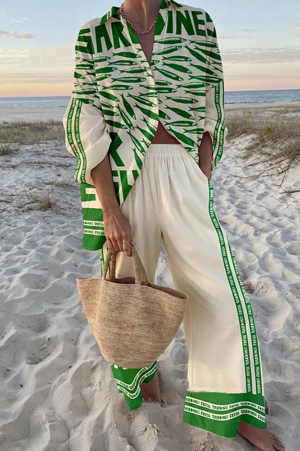 Einzigartiges Set mit Oversize-Hemd mit Ozean-Print und Hose mit elastischer Taille und Taschen