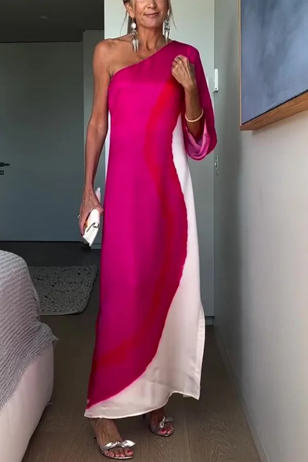 Elegantes einärmliges Maxikleid mit Schlitz und Kontrastdruck