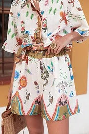 Sun Kiss Set aus Leinenmischung mit einzigartigem Druck, lockerem Hemd mit Knöpfen und Shorts mit elastischer Taille und Tasche