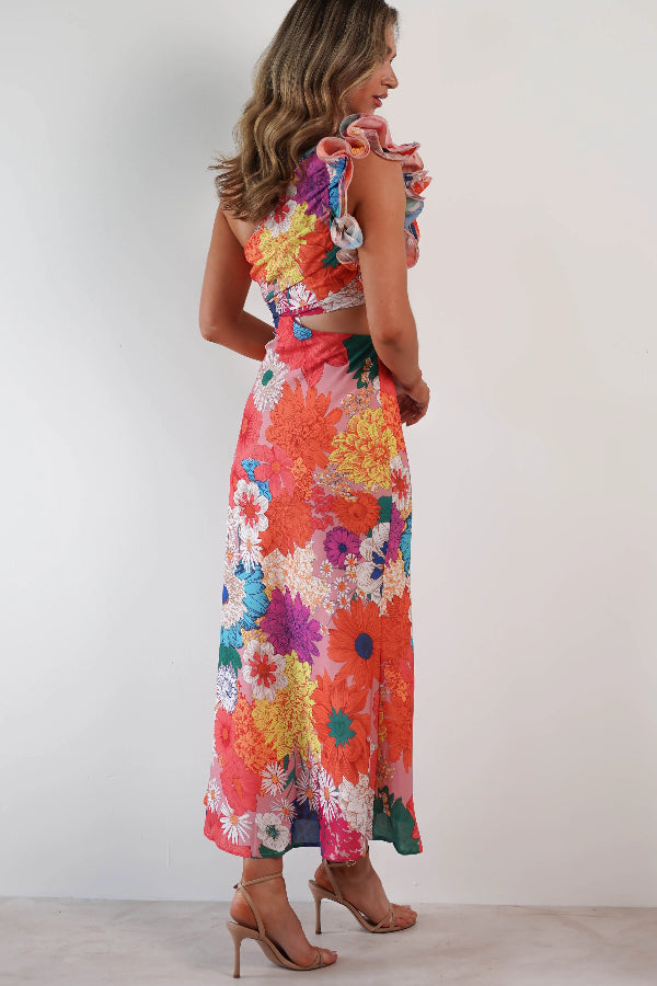 Bloom Wild – Midikleid mit Blumenmuster, One-Shoulder-Träger und Rüschenärmeln, Cut-Out-Taille