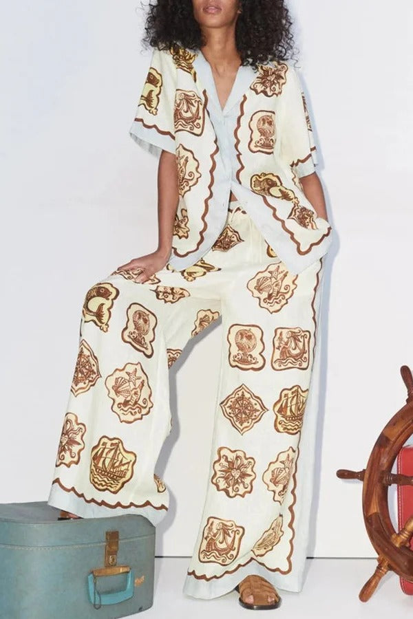 Lakeside Breeze – Oversize-Bluse aus Leinenmischung mit einzigartigem Druck und kurzen Ärmeln und Knöpfen