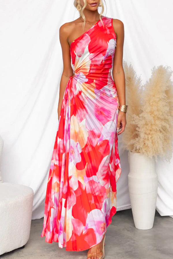 One Shoulder Sleeveless Print Asymmetric Maxi Pleated Dress