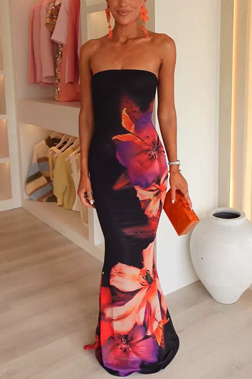 Robe longue moulante bustier à fleurs