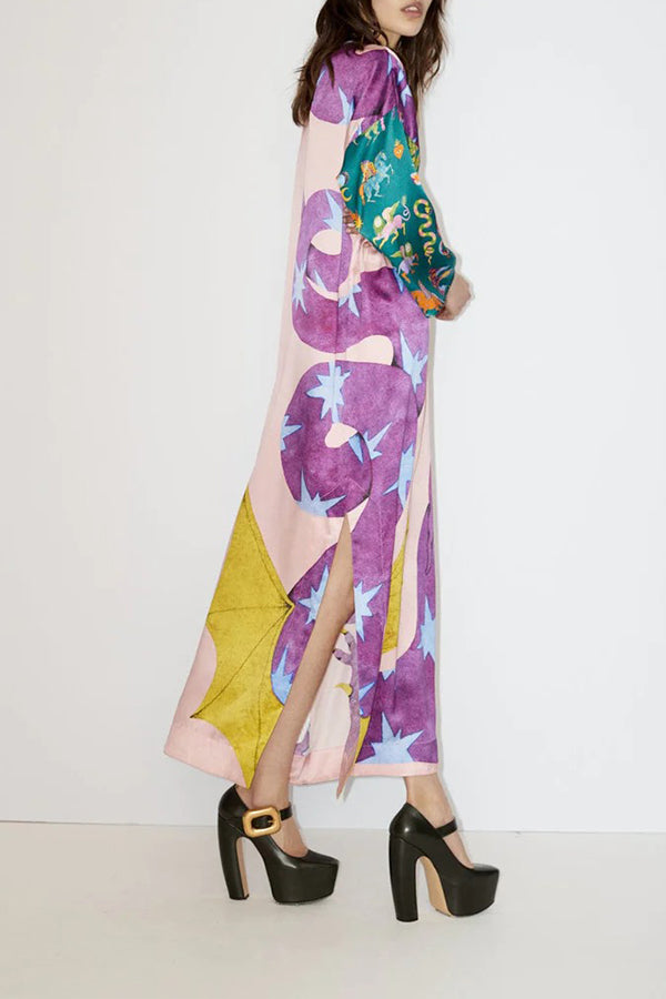 KÜNSTLERISCHES NATUR-SATIN-MAXIKLEID MIT EINZIGARTIGEM DRUCK, KONTRASTSCHLITZ UND ENTSPANNTEM URLAUB
