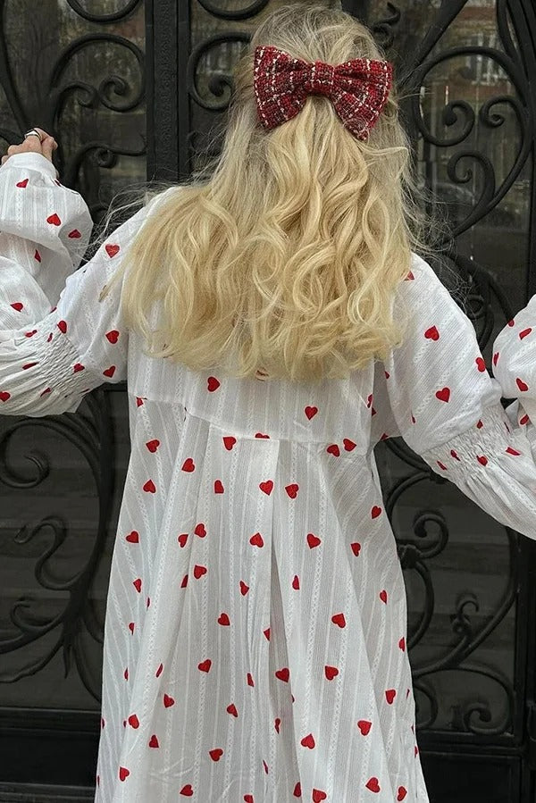 Süßes Maxikleid im lockeren Hemdstil mit Herz-Print und Puffärmeln