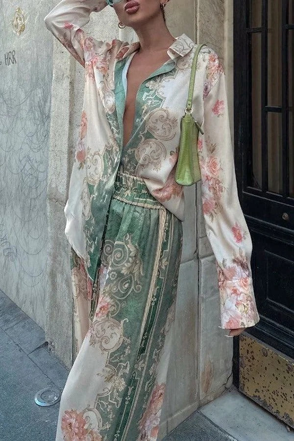 Antibes Satin Court Einzigartiges Set mit bedrucktem, langärmligem, lockerem Hemd und Hose mit elastischer Taille