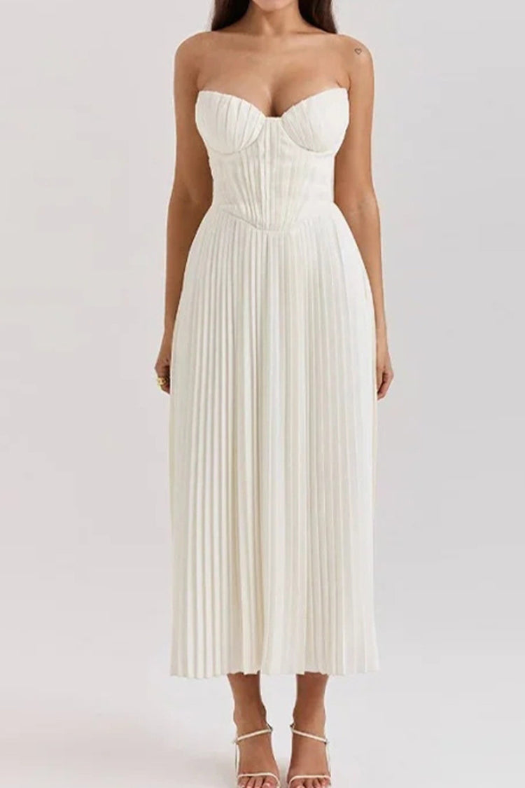 Strapless Cinch Waist Pleated Maxi Dresses