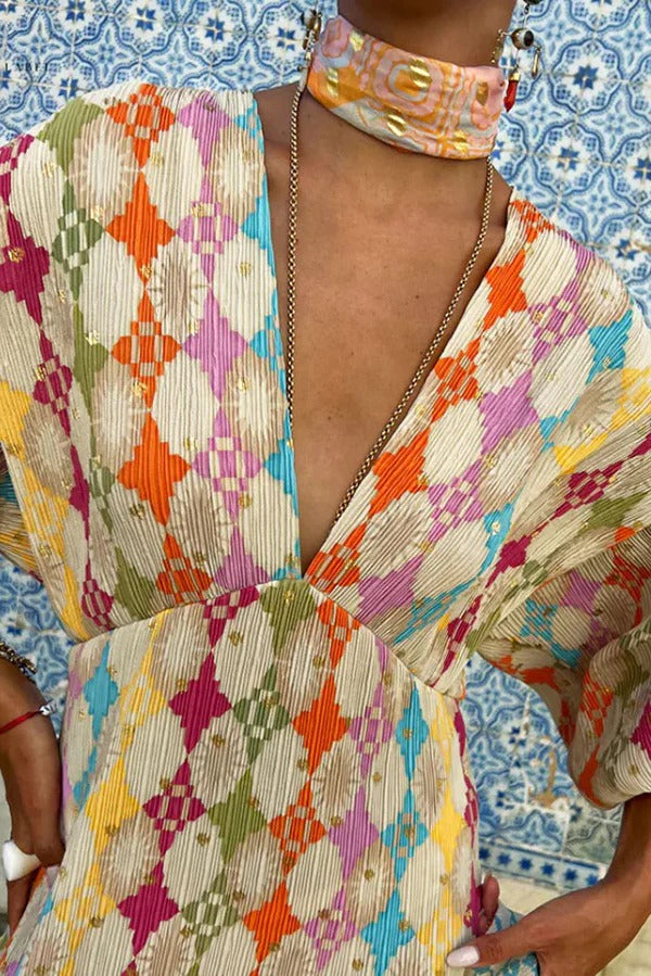 Wunderschönes, farbenfrohes Kimono-Midikleid mit Puffärmeln im Sunshine-Stil mit einzigartigem Print