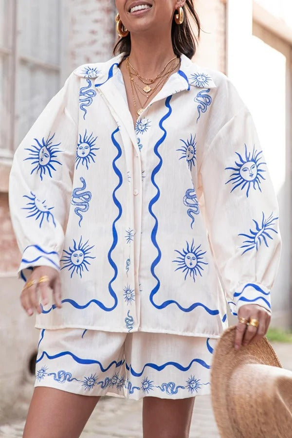 Symbol of Sicily – Lockeres Hemd aus Leinenmischung mit einzigartigem Druck und Ballonärmeln und Knöpfen