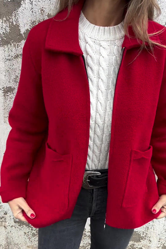 Veste décontractée à revers et poche zippée de couleur unie