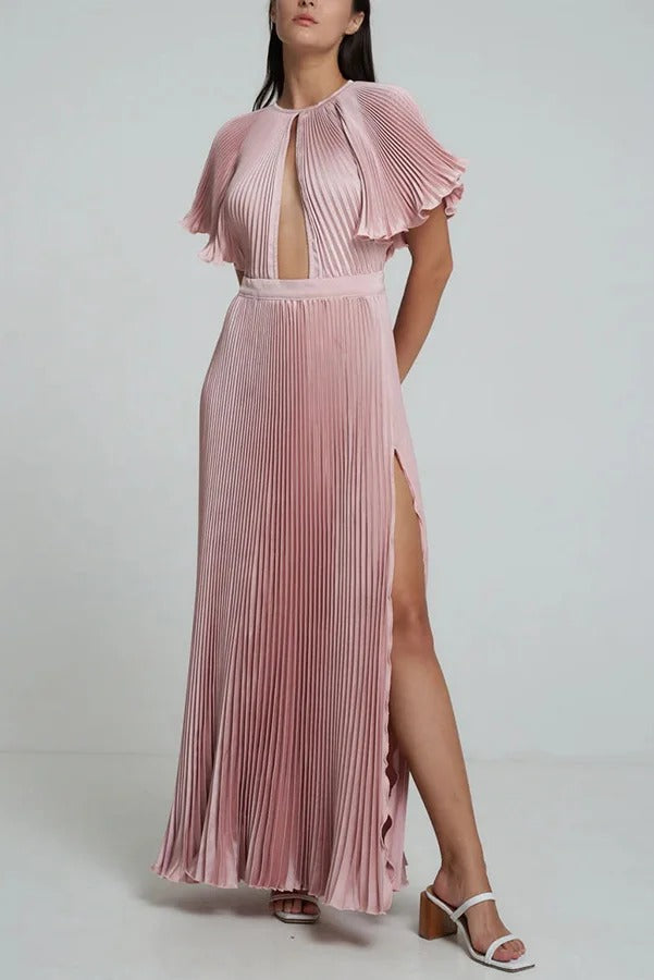 Robe longue en satin plissé à manches cloche et découpes Flash Goddess
