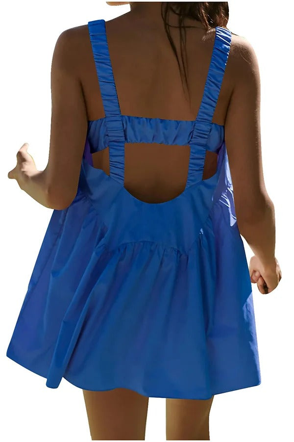 Sommerliches, sportliches, ärmelloses, rückenfreies Minikleid aus Leinenmischung