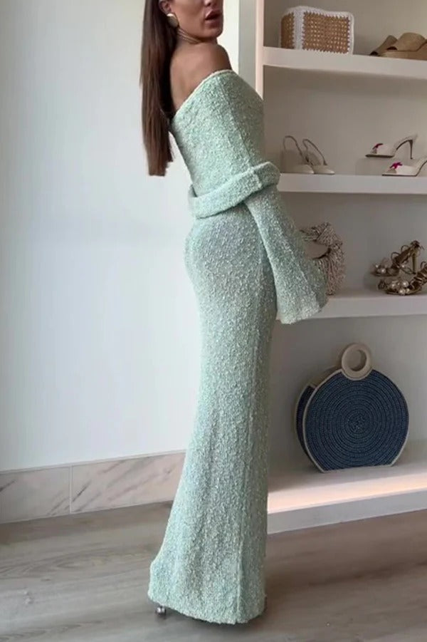 Marisol – Schulterfreies, drapiertes Maxikleid aus geripptem Bouclé-Material mit Stretchanteil für den Urlaub