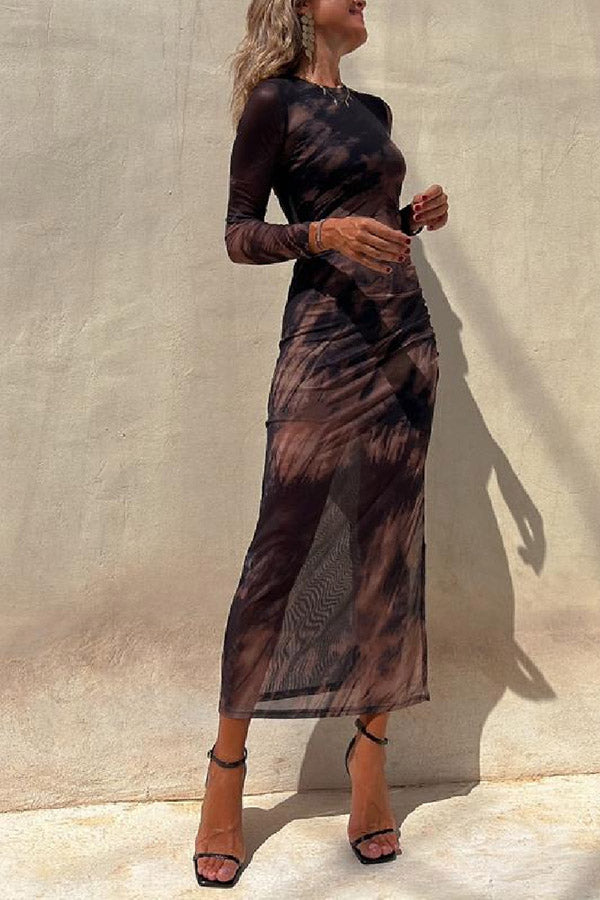 Charm Lady Robe mi-longue extensible à manches longues et froncée avec superposition en maille et imprimé tie-dye