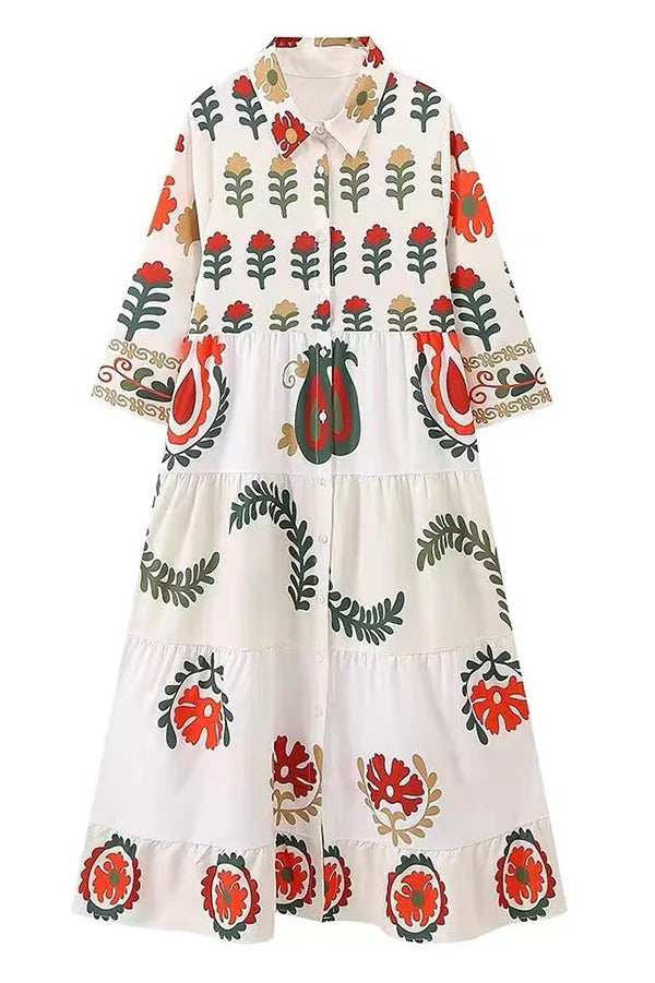 Resort-Maxikleid mit botanischem Print, Revers und Rüschen