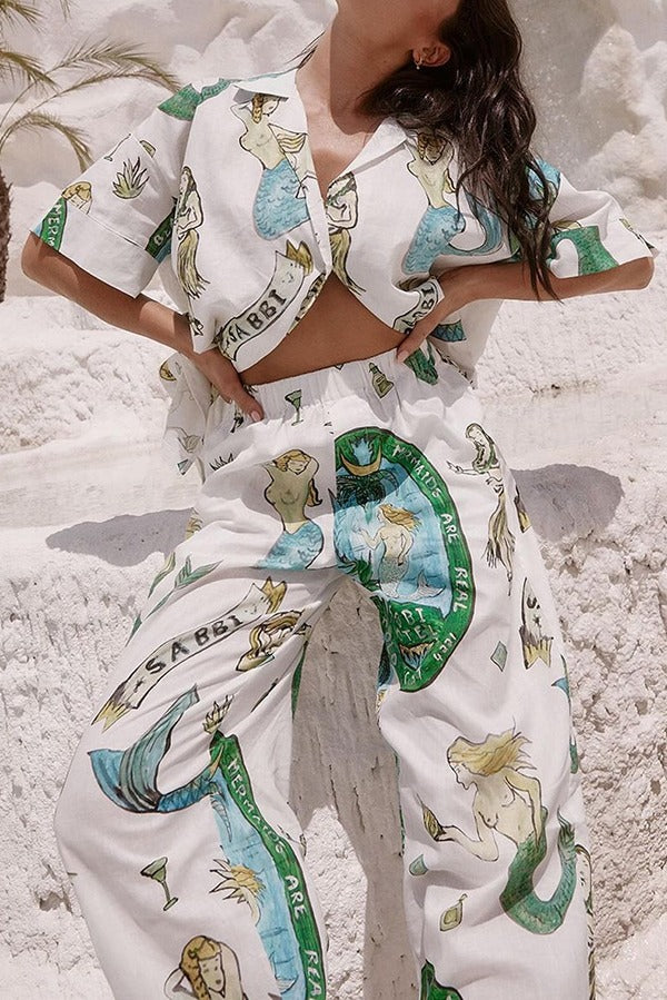Set aus Hemdoberteil mit Meerjungfrauen-Print aus Leinenmischung und lockerer Hose mit elastischem Bund