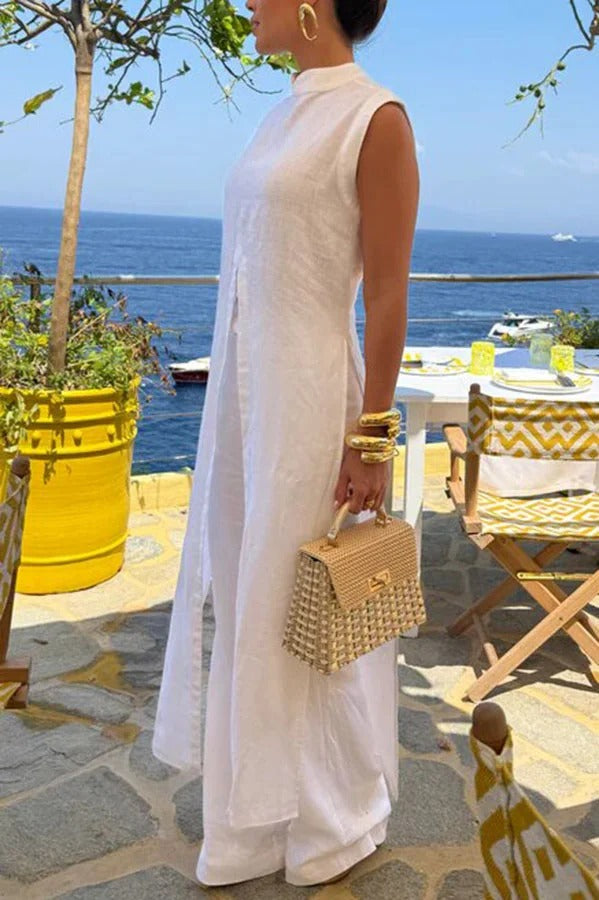 Elegant Resort Linen Blend Stand Neck Front Slit Midi Top and Elastic Waist Loose Pants Set