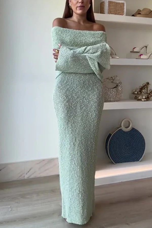 Marisol – Schulterfreies, drapiertes Maxikleid aus geripptem Bouclé-Material mit Stretchanteil für den Urlaub