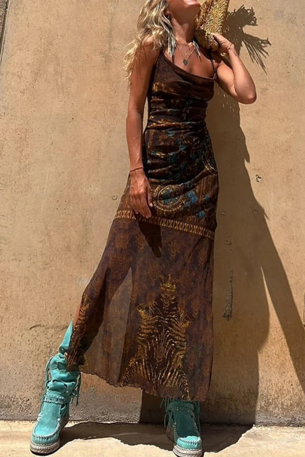 Midikleid im Gypsy-Stil mit einzigartigem Aufdruck, Wasserfallausschnitt hinten, Schnürung und Schlitz