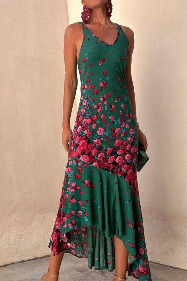 Robe longue extensible à lacets et imprimé fleurs tombantes dans le dos