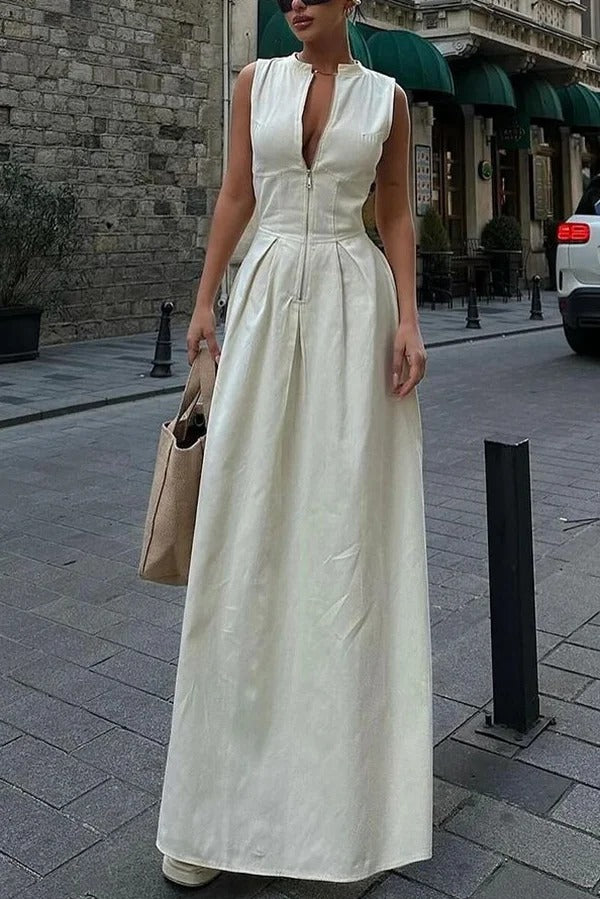 Robe longue élégante sans manches à col en V et fermeture éclair