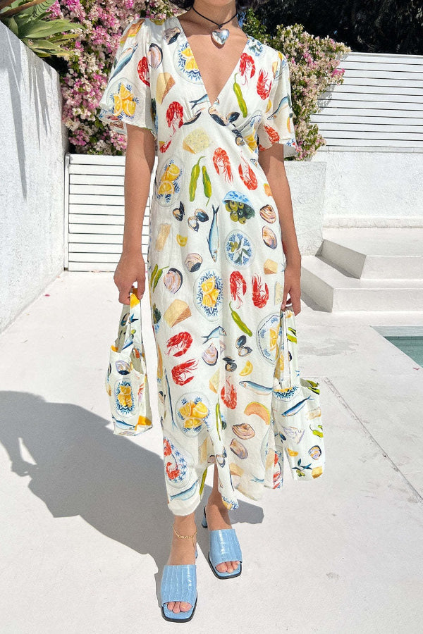 Leinen V-Ausschnitt sexy locker Fee alle-match Freizeit Midikleid