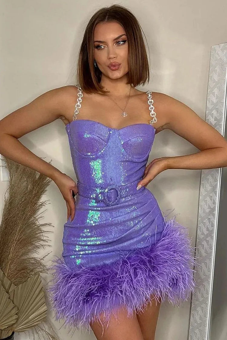 Pailletten Strass Kette Cami Rüschen Bodycon Feder Geburtstag Party Mini Kleider-Rosa