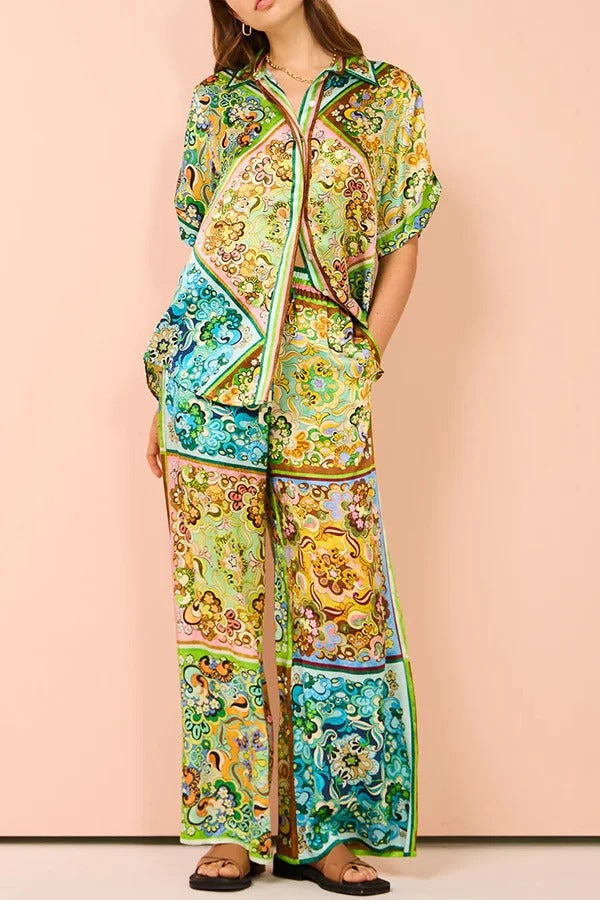 Joselyn Paisley Colorblock Einzigartiger Druck Elastischer Bund Taschen Hosenset