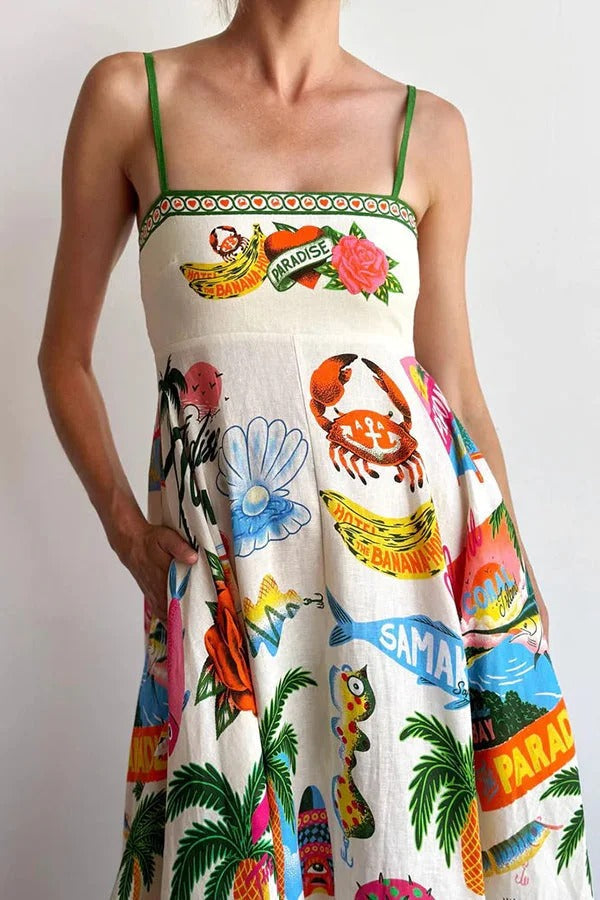 Holiday Paradise Maxikleid aus Leinenmischung mit einzigartigem Druck und gesmokten Gesäßtaschen