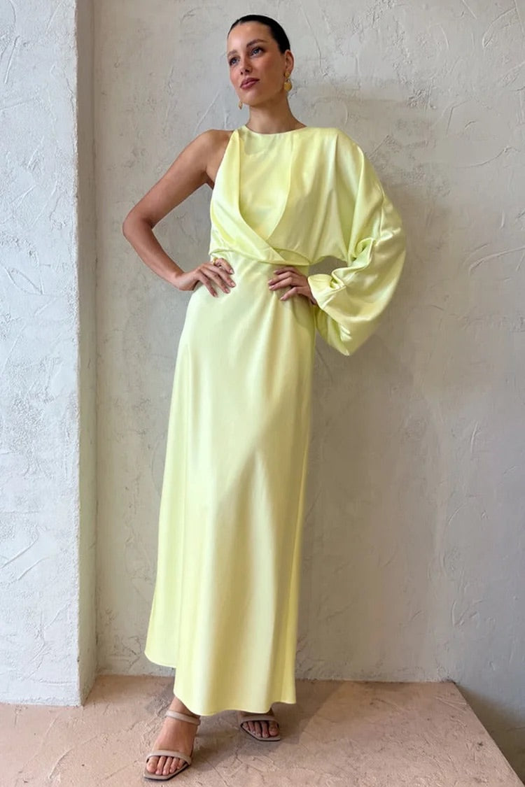 Satin One-Shoulder Langarm Slim Elegant Formale Party Midikleider