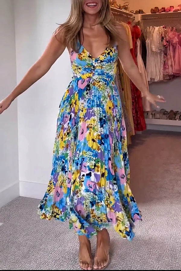 Hochzeitsparty-Saison – Midikleid mit Blumenmuster, plissiertem Rücken und Bindeband