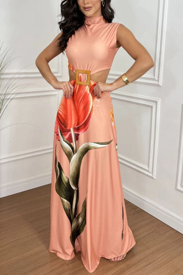 Bettie bedrucktes Maxikleid mit hohem Halsausschnitt, quadratischer Schnalle und Cut-Out-Taille