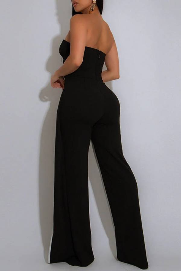 Fashionable Contrast Color Off-shoulder Metal Decoration Casual Elegant Jumpsuit