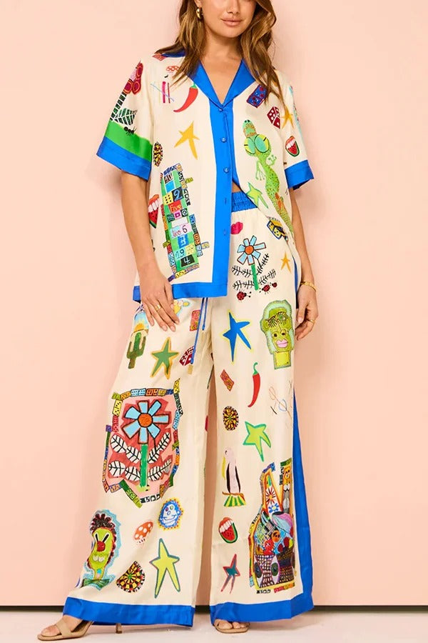 Lebendige Strand-Satin-Übergröße-Bluse mit einzigartigem Druck und Colorblock-Besatz