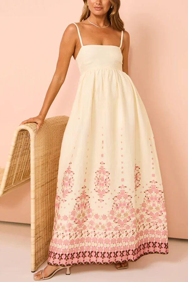 Paradise Flowers – Lockeres Maxikleid aus Leinenmischung mit einzigartigem Druck und Taschenträgern