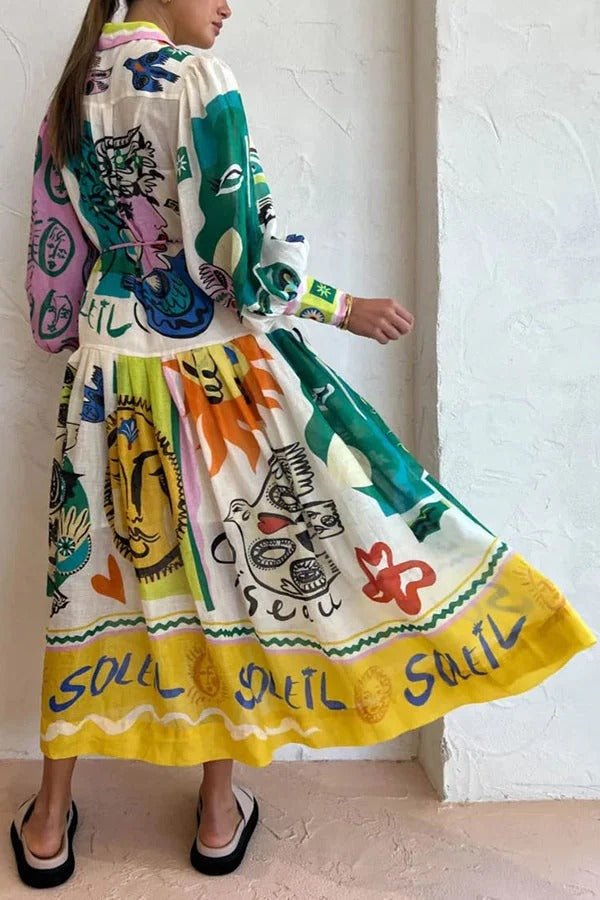 Boldness and Art – Patchwork-Hemd-Midikleid mit einzigartigem Druck und Ballonärmeln