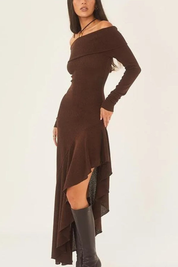 Temperamentvolles schulterfreies Langarm-Maxikleid mit unregelmäßigem Saum und Stretch