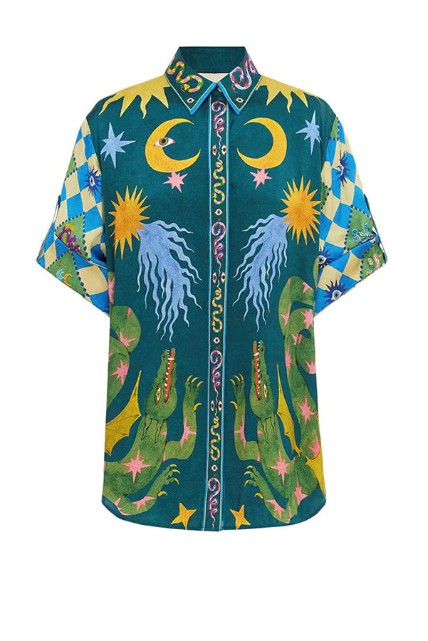 Beachy Chic Leinenmischung Einzigartiger Druck Button-Down Oversize Bluse