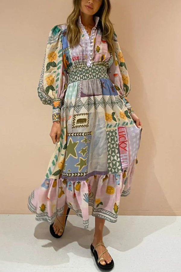 Verspielt schickes, einzigartiges Print-Midikleid mit Ballonärmeln und gesmoktem Bund