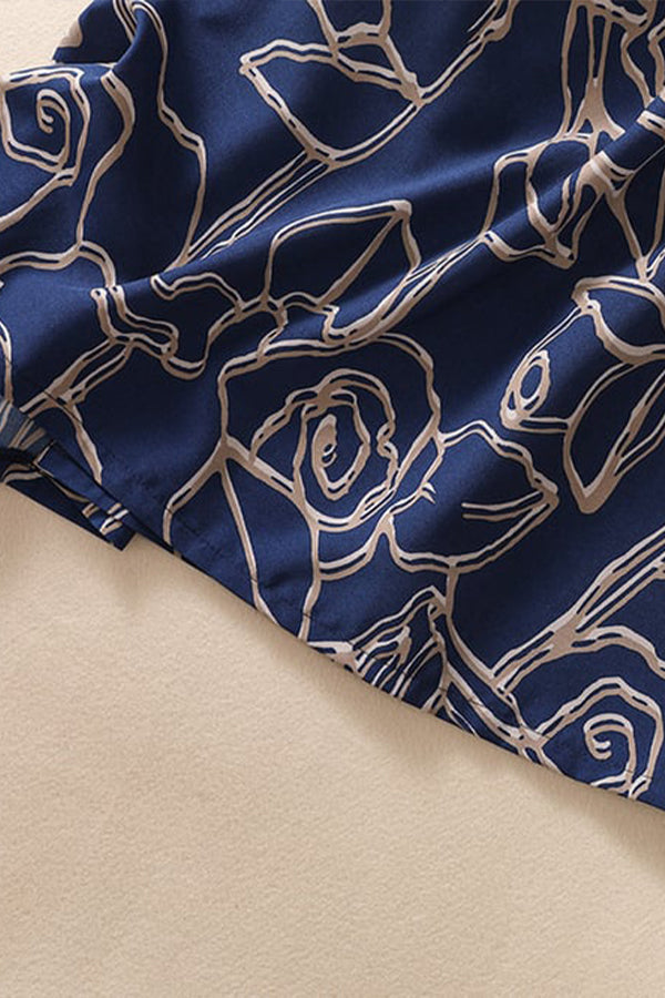 Mittellanges Kleid mit Rundhalsausschnitt und Bindegürtel aus Baumwolle und Leinen mit Print