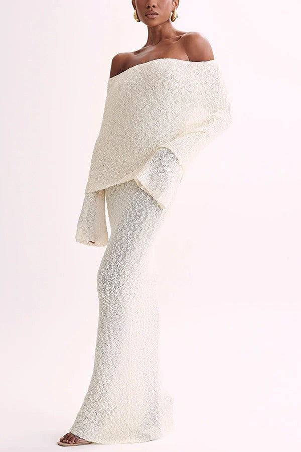 Marisol – Schulterfreies, drapiertes Maxikleid aus geripptem Bouclé-Material mit Stretchanteil für den Urlaub