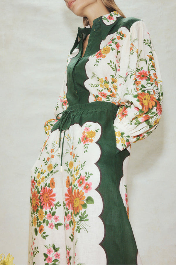 PANTALON LARGE À POCHES ET TAILLE ÉLASTIQUE À FLEURS SYMÉTRIQUES RUISA