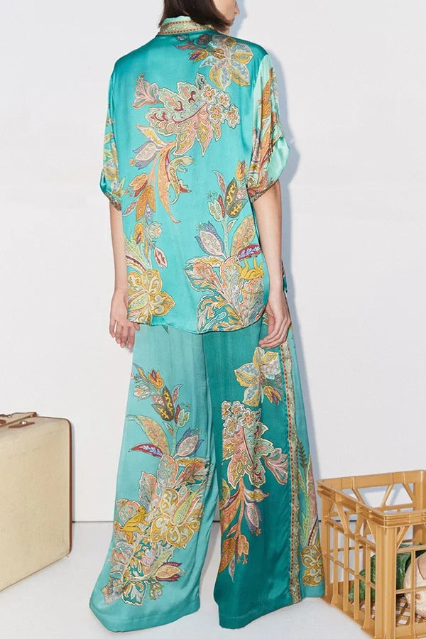 Somewhere Sunny Satinhose mit botanischem Print, elastischer Bund und Tasche, weites Bein