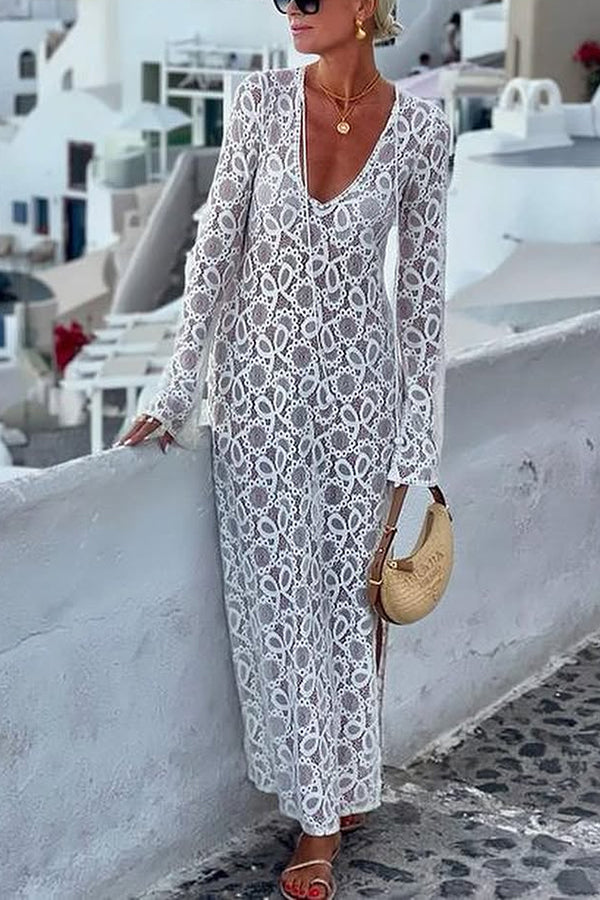 Santorini Sunset – Langärmliges Maxikleid mit Blumenspitze und Schlitz