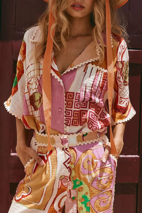 Tia Leinenmischung mit Zickzack-Besatz, einzigartigem Aufdruck, Tanktop + Hemd + Hosenset mit Taschen (3-teilig)