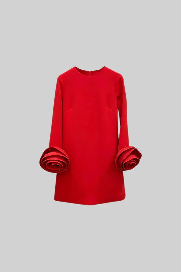 Robe courte ample coupe H à manches longues et poches, détails floraux 3D, style parisien