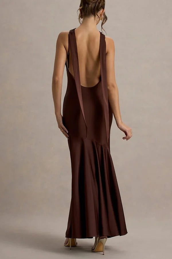 Timeless Sophistication Satin Cowl Detail Back Self-tie Halter Neck Maxi Dress