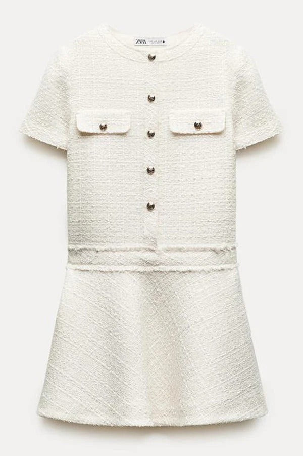 1960er London Girl Tweed Strukturiertes Minikleid mit goldenen Knöpfen und kurzen Ärmeln